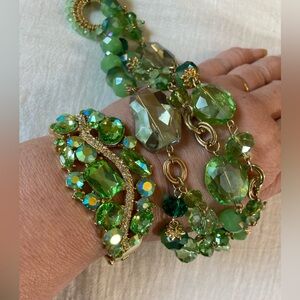 Peridot Colored Glass Beads Necklace‎ and Jeweled Hinged Bracelet